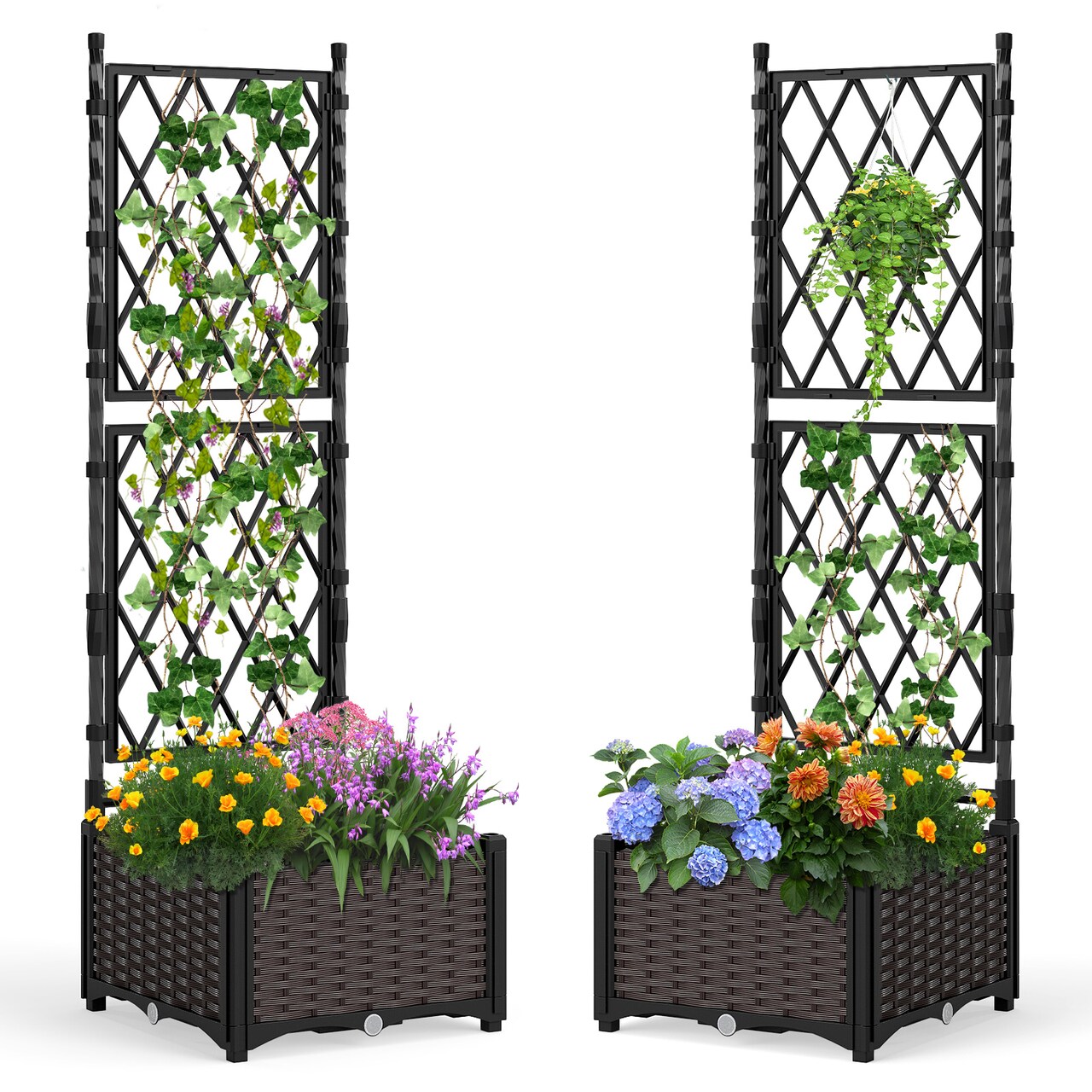 Black Elevated Garden Planter Box with Trellis and Drainage System